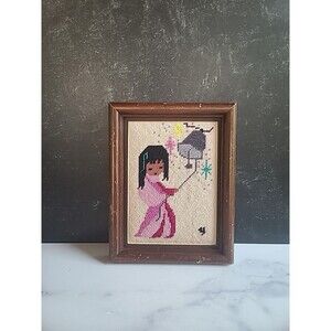Degrazia Finished Needlepoint Wood Framed Girl Ringing Bell Southwestern Art